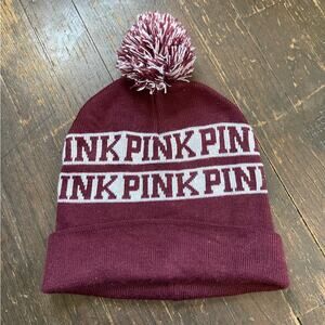 VICTORIA’S SECRET Burgundy and White Knit Pom Pom Logo Hat